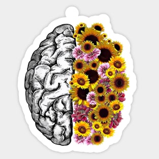 Brain and yellow daisies, Positivity, creativity, right hemisphere brain, health, Mental Sticker